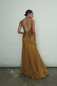 Kamperett Simone Slip Dress - Brass | Garmentory Satin Slip Maxi Dress, Earth Tones Bridesmaids, Sheer Dress Outfit, Gown Details, Vintage Slips, Open Back Dress, Resort Dresses, Invisible Zip, Silk Charmeuse