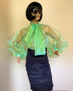 "This is a very stylish Womens Organza blouse. It is comfortable and cozy.  Made for a free flowing fit. Absolutelly transparent.  Great for all year around and for any special occasion or casual day can be dressed up or dressed down. SIZE CHART SIZE S - US 6, UK 8, EU 36 bust: bust around 34.5\"/90cm Waist: waist around 27.5\"/70cm Hips: hips around 34.5\"/90cm SIZE M - US 8, UK 10, EU 38 bust: bust around 37.5\"/95cm Waist: waist around 29.5\"/75cm Hips: hips around 37.5\"/95cm SIZE L - US 10, Fitted Green Organza Blouse, Sheer Puff Sleeve Chic Blouse, Balloon Sleeve Tops For Spring Party, Party Tops With Puff Sheer Sleeves, Sheer Puff Sleeve Top For Party, Sheer Puff Sleeve Blouse For Night Out, Party Tops With Sheer Lantern Sleeves, Trendy Puff Sleeve Party Blouse, Summer Long Sleeve Organza Top