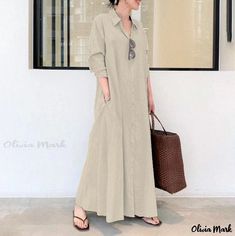 Olivia Mark - Elegant Relaxed Wear Long-Term Comfortable Dress Business Casual Aesthetic, Casual Cotton Tops, Maxi Shirts, Maxi Shirt Dress, Long Shirt Dress, Womens Long Sleeve Shirts, Comfortable Dress, Hijab Style, Linen Dresses