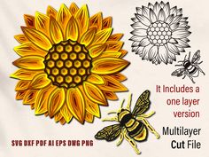 the sunflower and bee are next to each other with words describing it includes a one layer version