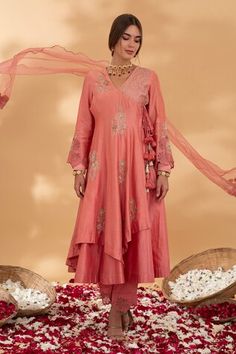 Pink angrakha anarkali with floral embroidery. Paired with a pant and dupatta with floral embroidery work. - Aza Fashions Raw Silk Anarkali Set For Reception, Long Sleeve Slub Silk Anarkali Set For Festivals, Designer Slub Silk Salwar Kameez With Long Sleeves, Raw Silk Long Sleeve Anarkali Set With Pallu, Navratri Long Sleeve Anarkali Set With Gota Work, Long Sleeve Anarkali Set With Gota Work For Navratri, Navratri Anarkali Set With Gota Work And Long Sleeves, Designer Long Sleeve Slub Silk Salwar Kameez, Transitional Long Sleeve Anarkali Set With Gota Work