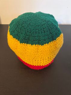 Tam made of cotton thread. Stretches to fit most adult heads. Green, yellow and Red Rasta colors!! Yellow Cotton Beanie Hat, Handmade Yellow Cotton Hats, Multicolor Cotton Crochet Beanie Hat, Multicolor Cotton Crochet Hat, Multicolor Cotton Crochet Hat, One Size, Yellow Cotton Hat (one Size Fits Most), Rasta Colors, Cotton Thread, Green Yellow