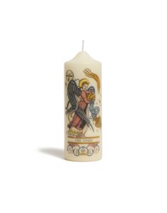 a white candle with an angel on it