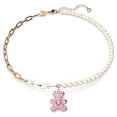 Raise a smile with this playful teddy bear pendant. The heart-warming design is worn on a necklace of Swarovski Crystal Pearls and a rose gold-tone plated chain with a teddy motif embellished with pink crystals. At its center, the teddy holds a pink Swarovski Zirconia dancing stone that provides constant light-catching motion. Wear yours with a matching bracelet to complete the set. Teddy Bear Pendant, Bear Pink, Mode Zara, Pink Swarovski, Bear Necklace, Bear Pendant, Swarovski Necklace, Jewelry Lookbook, Swarovski Jewelry