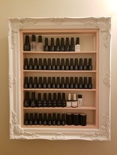 Decorative shadowbox/display shelf perfect  for storing nail polish and cosmetics. Fully customizable. Different frames, colors, and finishes are available. Add some beauty to your vanity area! Ikea Nail Polish Storage, Organizing Hair Products In Bedroom, Nail Display, Nail Polish Display, Nail Polish Organization, Nail Varnish Storage, Perfume Organization Wall Shelves, Nail Polish Shelves, Cologne Display