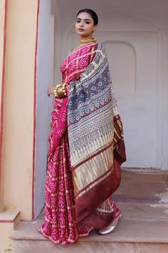 Magenta pink gharchola bandhani gajji silk saree with ajrakh hand block print zari pallu. Comes with ajrakh hand block print beige unstitched blouse piece. - Aza Fashions Gajji Silk Saree, Magenta Pink, Hand Block Print, Blouse Piece, Aza Fashion, Silk Saree, Jaipur, Block Print, Silk Sarees