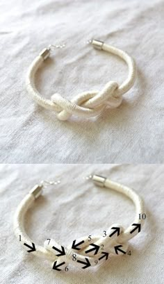 two pictures of different bracelets with arrows on the side and an arrow in the middle