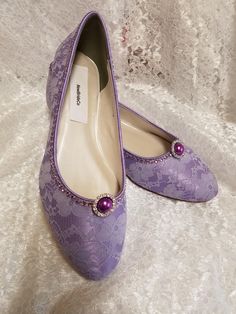 "So elegant Lace over Satin Shoes for the Bride who demands Fine Elegance & Comfort! These are only 1/2\" heels almost flat! Please buy purple color swatches if, you are matching color to something; computers settings may show different tone of purple; Please use link below: To see actual color, you may buy a color swatch: www.etsy.com/listing/129787069/buy-color-swatch-samples-or-buy-lace Please plan ahead of time as I'm getting many requests for finely finished shoes. The outer sole is lea Purple Flats Shoes, Light Purple Shoes, Cute Flat Shoes, Lilac Shoes, Purple Wedding Shoes, Shoes For The Bride, Ivory Bride, Purple Flats, Wedding Purple