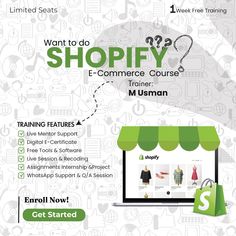 the front cover of an e - commerce course for shopify, which is designed to help