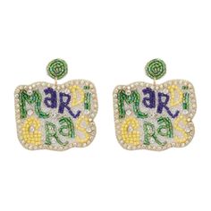 mardi gras earrings with beads on the front and back of each earring