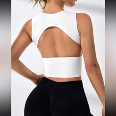 Activewear, Workout, Yoga, Leisure Wear Fitted, Slightly Cropped Full Coverage Front Scoot Neck Removable Pads Also Available In Black New Without Tags, Never Worn Cheap Stretch Sporty Crop Top, Cheap Cropped Athleisure Top, Sporty White Bra-friendly Top, Fitness Goals Quotes, Pilates Wear, Estilo Fitness, Sports Tank Top, Fitness Outfits, Backless Crop Top