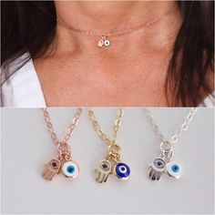 "Tiny hamsa and evil eye necklace DE T A I L S ✦available in silver, gold and rose gold with blue eye or white eye ✦evil eye charms are reversible ✦eye size: 5mm ✦hamsa hand: 5x7mm charm features a tiny blue cz stone L E N G T H L E N G T H ✦ All items are made to order, so please take a moment to make sure you are ordering the correct size. ✦ choose the length you need from the drop down menu model is wearing 14\" length M A T E R I A L ✦ silver: all components are 925 solid sterling silver. ✦g Dainty Evil Eye Jewelry For Good Luck, Silver Charm Necklace With Evil Eye For Good Luck, Evil Eye Choker Necklace As Gift, Silver Evil Eye Charm Necklace For Good Luck, Evil Eye Choker Necklace For Gift, Dainty Evil Eye Charm Necklace Gift, Dainty Silver Evil Eye Jewelry, Evil Eye Jewelry Bracelet, Gold Evil Eye Jewelry