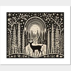 a black and white drawing of a deer in the woods with trees, stars and sun