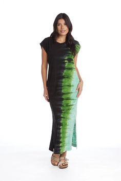 Sustainable Certified Organic Cotton Catalina Dress in Nightflower | River + Sky Casual Long Green Maxi Dress, Relaxed Fit Maxi Dress With Side Slits, Casual Cotton Maxi Dress With Side Slits, Casual Green Dresses With Side Slits, Casual Green Dress With Side Slits, Casual Long Dresses With Side Slits, Spring Black Maxi Dress For Loungewear, Black Maxi Dress For Spring Loungewear, Casual Green Maxi Dress