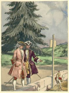 two people dressed in period clothing standing next to each other on a sidewalk near a pine tree