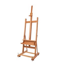 a wooden easel with wheels on an isolated white background