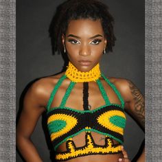 Handmade crochet JAMAICAN Rays of Sun choker crop Bralette. 100% Acrylic. Handmade Cropped Top For Vacation, Handmade Fitted Cropped Top, Handmade Cropped Crop Top For Vacation, Handmade Fitted Cropped Crop Top, Jamaica Crochet Outfits, Handmade Cropped Halter Top, Trendy Crochet Crop Top For Festivals, Handmade Cropped Crochet Top For Festival, Jamaica Crochet Top