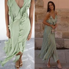 Size M Zara Strappy Ruffle Asymmetrical Midi Dress In Color Green Sea! New With Tags, Never Worn! Originally Retails $80. Side Zipper Laying Flat: 18" Armpit To Armpit 15.5" Bust 15" Waist 54" Shoulder To Hem Chic Spring Chiffon Ruffle Dress, Flowy Ruffle Dress For Spring Party, Chic Maxi Dress With Asymmetrical Hem For Summer, Party Midi Dress With Ruffle Hem, Chic Summer Maxi Dress With Asymmetrical Hem, Spring Party Maxi Dress With Ruffle Hem, Chic Asymmetrical Maxi Dress With Ruffles, Chic Asymmetrical Maxi Dress For Summer, Day Out Dress With Asymmetrical Hem And Ruffles