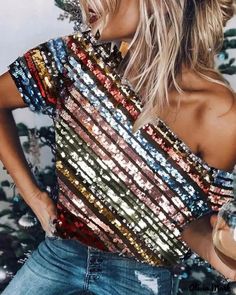 Color: Multicolor, Size: S Sparkly Crop Tops, Sequins Blouse, Mode Hippie, Multi Color Blouse, Sequin Sleeve, Sequin Blouse, Mode Boho, Off Shoulder Fashion, Shirt Female