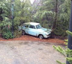 an old car is parked in the middle of some bushes and trees near a street light