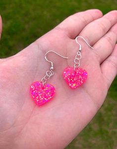 Neon Pink Sparkly Heart Earrings Handmade Dainty Dangle - Etsy Rave Earrings, Earrings Hearts, Pink Heart Earrings, Rave Accessories, Pink Sparkly, Festival Accessories, Rave Festival, Fish Hook Earrings, Holographic Glitter