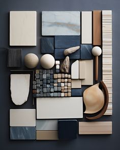 an assortment of different materials are arranged on the wall