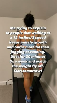 a woman is walking on a treadmill with the words, me trying to explain to people that walking at a 12 inches / speed