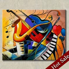 an abstract painting with musical instruments and hearts