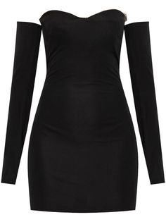 black off-shoulder sweetheart neck decorative zip detailing long sleeves rear zip fastening thigh-length Dress Off Shoulder Long, City Dress, Mini Dress Black, Black Long Sleeve Dress, Summer Beach Wear, Black Shirt Dress, Sweetheart Neck, Long Sleeve Mini Dress, Luxury Fabrics