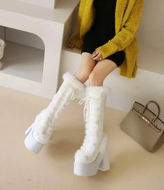 Womens Fashion Rabbit Fur Lace Up Platform Chunky Heel Knee High Boots Shoes DIJ | eBay White Pointed Toe Platform Boots For Winter, Winter White Knee-high Heels, White Knee-high Heels For Winter, Winter Chunky Platform Knee-high Heeled Boots, Winter Party Platform Boots With Chunky Platform, White Block Heel Boots For Winter, Winter Chunky Platform High Heel Boots, Winter Platform Heeled Boots With Round Toe, Winter Knee-high Platform Heels