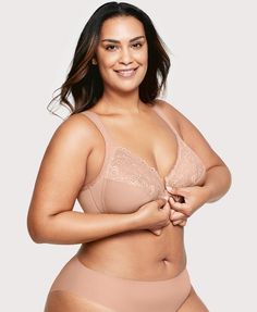 All the Support of a Wire, None of the Discomfort At the intersection of convenience and comfort is this plus-size bra. The secure front clasp goes on and off in a pinch while the cushioned wire never gets close enough to pinch back. WonderWire® design features a padded underwire with an extra layer of cushion to prevent wire poke. Lace-topped cups feature side-bust control to shape and support. Easy on and off secure front closure. Wide, cushioned straps adjust to your fit. Featured on our Best Front Closure Bra, Mid Size Fashion, Tamil Girls, Minimiser Bra, Plus Size Bra, Mid Size, Curvy Girl Fashion, Bras And Panties, Beautiful Smile Women