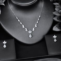 Wedding Jewelry - Cubic Zirconia Bridal Jewelry Set - Available Silver and Rose Gold Delicate Bridal Jewelry, Simple Bridal Necklace, Long Diamond Necklace, Bridal Necklaces, Dragon Wedding, Diamond Necklace Wedding, Bridal Necklace Designs, Prom Inspo, Prom 2024