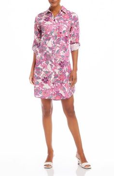 Vibrant blooms romance this crisp poplin shirtdress framed by roll-tab sleeves. 37 1/2" length (size Medium) Front button closure Spread collar Long sleeves with roll-tab cuffs Partially lined 100% cotton Dry clean Made in the USA of imported fabric Linen Pajamas, Karen Kane, Button Up Dress, Beauty Awards, Sports Blazer, Spring Trends, Long Sleeve Shirt Dress, Casual Coat, Shirtdress