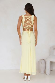 Length from shoulder to hem of size S: 137cm. Chest 40cm, Waist 34cm, across front only of size S. Maxi dress. Lined, sheer/unlined cutout to bodice. Model is a standard XS and is wearing XS. True to size. Non-stretch. White embordered design to bodice. V-neck. Frill shoulder straps. Crisscross back tie. Fit-to-flare. Zipper, hook eye closure. Cold hand wash only. Polyester. For dreamy days in the summer, style the Natural Glow Maxi Dress. Featuring an embroidered detail to the bodice, frill sho Anniversary Dinner, Lunch Date, Bridal Shower Dress, Shower Dresses, Date Night Outfits, Dress Yellow, Halter Maxi Dresses, Dress Satin, Maxi Dress Blue