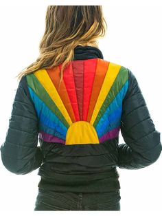 Womens Rainbow Puffer Jacket | Black Bomber Rainbow Jacket Colorful Winter Fashion, Vintage Rock Style, Colorful Jacket, Hunting Jackets, Vintage Rock, Satin Jackets, Striped Jacket, Rainbow Design, Winter Colors