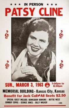 the poster for patsy cline's concert at memorial building in kansas city