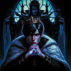 the evil king is sitting in front of an evil demon with his hand on his chin