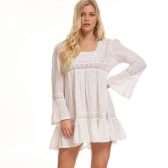 Blue Boheme Caroline Lace Short Dress New With Tags White Color One Size Spring Long Sleeve Mini Dress For Beach Cover-up, Spring Long Sleeve Mini Dress For Beach, Spring Brunch Tunic Beach Dress, Spring Tunic Beach Dress For Brunch, Flowy Long Sleeve Mini Dress For Beach Cover-up, Flowy Long Sleeve Mini Dress For Beach, Feminine Long Sleeve Mini Dress For Beach, Chic Long Sleeve Beach Dress For Brunch, Long Sleeve Boho Dress With Lace Trim For Vacation