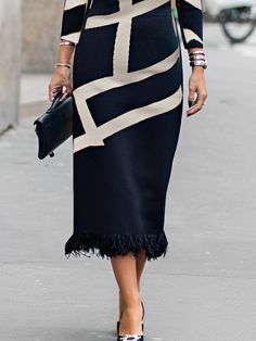 Stand Collar Long Sleeve Regular Sleeve Geometric Elegant Regular Fit Midi Dress | stylewe Chic Midi Dress With Fringe, Elegant Fringe Midi Dress For Evening, Elegant Cocktail Midi Dress With Fringe, Chic Knee-length Fringe Midi Dress, Chic Knee-length Midi Dress With Fringe, Cocktail Midi Dress With Fringe, Elegant Tassel Midi Dress For Night Out, Elegant Tasseled Midi Dress For Night Out, Chic Fringe Midi Dress For Evening