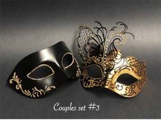 This black gold theme couple's Masquerade Mask pairing with ribbons or handheld sticks (additional price to add sticks) complements any formal attire you choose for your masquerade Ball event. Also in other colors, designs and customization. Women's mask in two styles to choose from! I N C L U D E D Available for purchase individually or as a couple's set. Masks come with ribbons. We can attach sticks for an additional fee, pls use link below. https://www.etsy.com/listing/499048106/add-a-handhel Black Masks For Carnival, Black Masks And Prosthetics For Carnival Gift, Black Masks And Prosthetics For Carnival, Male Masquerade Outfit, Party Masks Masquerade, Black And Gold Masquerade Mask, Masquerade Mask Black, Ball Event, Couples Masquerade Masks