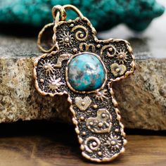 Stunning bronze cross with Turquoise inlay. Artisan Turquoise Necklace With Inlay, Unique Turquoise Jewelry With Inlay, Turquoise Spiritual Necklace With Inlay, Artisan Turquoise Pendant Necklace With Inlay, Bohemian Turquoise Cross Pendant Jewelry, Beautiful One, Beading Supplies, Turquoise Jewelry, Turquoise Bracelet