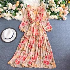 Sweet, long sleeve dress,floral dressMaterial:chiffonStyle:sweetFeatures:floralColor:as pictureSize(cm):free 1inch=2.54cmlength 123 sleeve length 57 bust 100 waist 70-124&ltp&gtNote:Due to different measurement methods,there will be 1-3 error(unite:cm), please understand.</p>&ltbr/>&ltp&gtPlease check the size carefully when you choose items,thank you.</p>&ltbr/> Beach Maxi Dresses, Long Dress Long Sleeve, Chiffon Long Dress, Chiffon Dress Long, Ankle Length Dress, Bohemian Summer, Beach Maxi Dress, Dresses 2020, Dress Robes