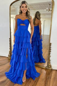 A-Line Cute Strapless Long Tiered Royal Blue formal dresses evening dr – BL Dress Strapless Ball Gown Prom Dress, Unique Blue Prom Dresses, Pastel Rainbow Prom Dress, Places To Get Prom Dresses, Easter Dress Prom, Neon Blue Prom Dress, Prom Dresses 2025 Trends, Cute Simple Prom Dresses, Senior Prom Dress Ideas