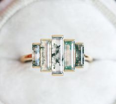 Daphne Moss Agate Baguette Ring – Capucinne Jewelry Baguette Cut Ring, Ring Moss Agate, Bijoux Art Deco, Ring Baguette, Engagement Ring Art Deco, Agate Engagement Ring, Green Ring, Moss Agate Ring, Baguette Ring