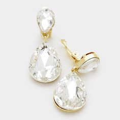 Clear Crystal Double Teardrop Gold Clip-On Earrings by Miro Crystal Collection Crystal Teardrop Earrings, Teardrop Dangle Earrings, Gold Clips, Heart Drop Earrings, Cz Stud Earrings, Heart Earrings Studs, Crystal Collection, Star Earrings, Silver Turquoise