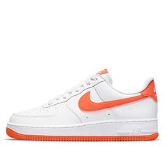 The Nike Air Force 1 '07 'White Team Orange' is a classic silhouette with a modern twist. Featuring a clean white leather upper, paired with matching tongue, laces, lining and midsole. Accented with orange detailing covering the Swoosh, heel tab, branding area and rubber outsole, this sneaker is perfect for any occasion. Inspired by the classic Air Force 1 series, this sneaker is a must-have for any sneakerhead. With its timeless design and comfortable fit, this sneaker is perfect for everyday wear. (AF1/SNKR) Classic White Nike Air Force 1 With Boost Midsole, White Leather Nike Air Force 1 For Streetwear, Classic White Low-top Nike Air Force 1, Classic White Nike Sneakers, Classic Nike Air Force 1 Low-top With White Sole, Classic White High-top Nike Air Force 1, Modern White Nike Air Force 1 In Leather, Modern White High-top Nike Air Force 1, Modern White Leather Nike Air Force 1