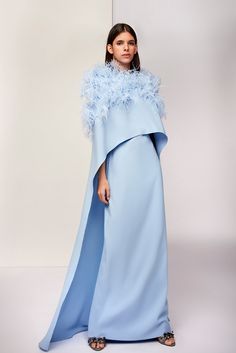 Feathered cape bodice column dress - HerTrove Light Blue Gown, Gown With Cape, Isabel Sanchis, Cape Sleeve Dress, Beaded Cape, Dress With Cape, Dress Cape, Fur Dress, Cape Gown