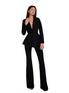 Please pay attention to suit measurements Pants total length is 115 cm or 45.2 inches (from waist to the bottom) Inseam length is 92 cm or 36.2 inches (from crotch to the bottom) Blazer length along the back 66 cm or 26 inches  Sleeve length is 62 cm or 24.4 inches 2-piece Womens Blazer Trouser Suit for office, business meetings, formal events and special occasions like civil wedding, elopement or birthday.  DETAILS -  flared pants -  side pockets -  slim fit   -  high rise -  blazer is buttoned Professional Fitted Long Sleeve Pantsuit, Chic Full Length Suits For Fall, Chic Full-length Fall Suits, Chic Full Length Fall Suits, Fitted Notch Lapel Sets For Night Out, Fitted Elastane Pantsuit For Night Out, Fitted Fall Suit Trousers, Fitted Sets With Notch Lapel For Night Out, Fitted Suits With Trousers For Parties