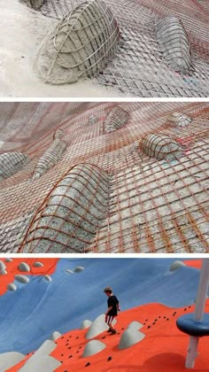 there are two pictures with different types of wire mesh on the ground and in the sand