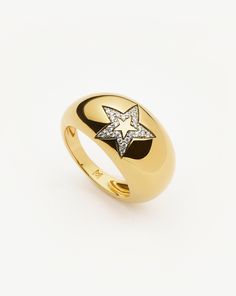 Celestial Pave Star Dome Ring | 18k Gold Vermeil/Cubic Zirconia. A Standout Addition to Your Ring Collection. Bold and Lightweight, this Celestial-Inspired Domed Design is Embellished with a Single Pavé Star on a Plain Band. A Statement Piece Worn Solo, or Paired with a More Delicate Ring to Create Contrast. Metal: 18K Recycled Gold Plated Vermeil on Recycled Sterling Silver Stone: White Cubic Zirconia Dimensions: 12. 3mm X 6. 7mm Weight: 8. 35g this Piece is Handcrafted with Recycled Metal Elements to Help us Reduce Our Environmental Impact. Product Code: Ce-G-R3-Cz